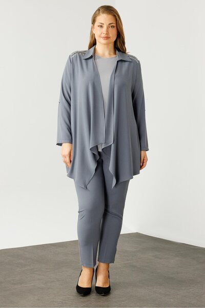 Moda İlgi Modailgi  Omuzları Taşlı Gömlek Yaka İkili Takım Gri