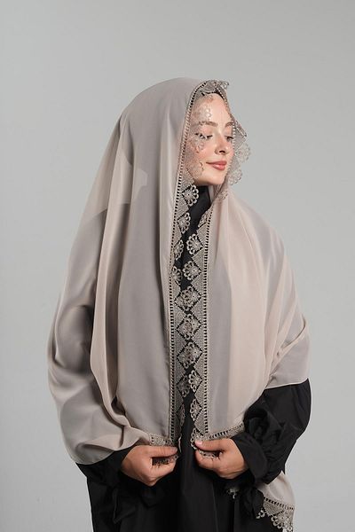 HÜRREM BONE Beige Prayer Headscarf Shawl Chiffon Fabric Laced 202106_12