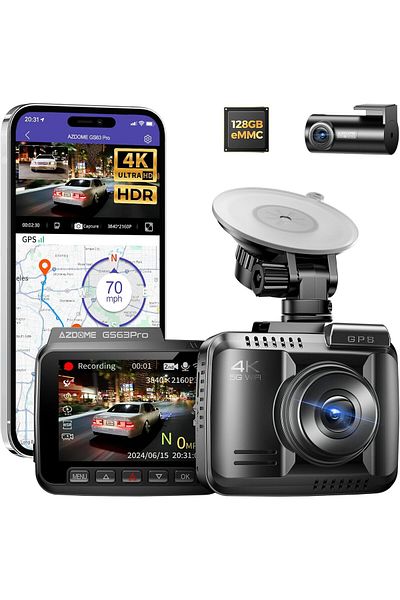 AZDOME 4K HDR Dash Cam GS63 Pro with Night Vision 128GB eMMC, ADAS 4K+1080P Dashcam Front and Rear