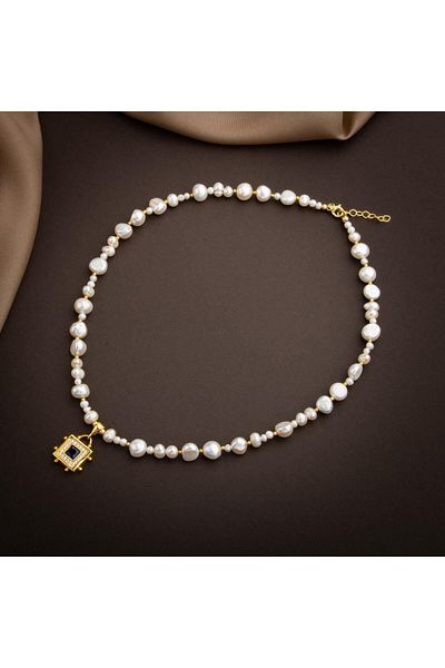 OSMANLI DOĞAL TAŞ Lazuli Stone Pearl Natural Stone Silver Design Necklace