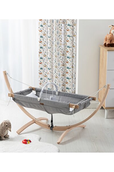 babywho Bw2110 - Ahşap Bebek Hamak Beşik - Sallanır Sabitlenir Hamak Beşik - Gri