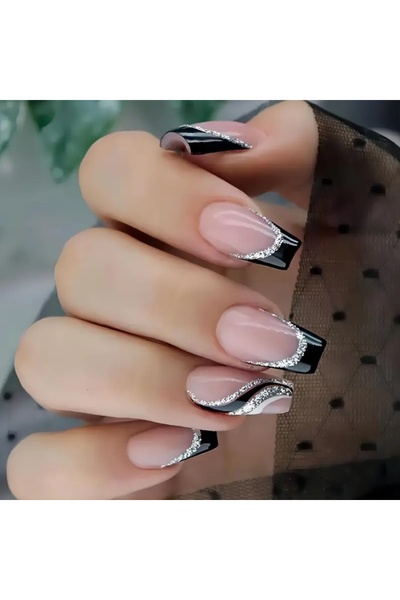 NAİLS Women's Heart 24'lü Siyah Simli Balerin Orta Takma Tırnak Seti