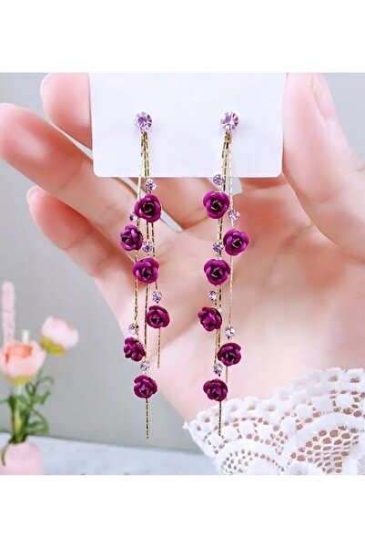 ER TAKI Taşlı Gold Renkli Mor Gül Detaylı Uzun Sallantılı Şık Püskül Nişan Kına Düğün Abiye Küpe