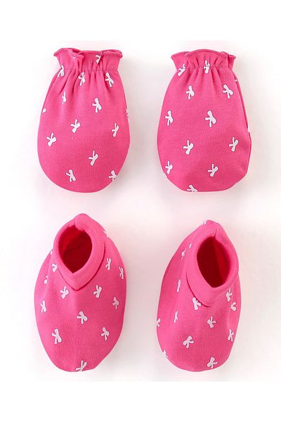 Babyhug 100% Cotton Knit Bow Print Mittens & Booties - Pink