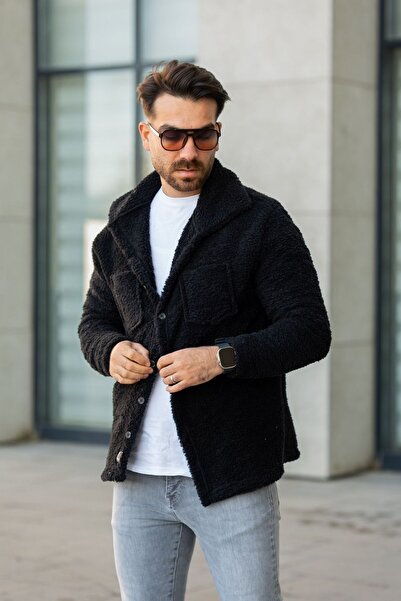 Know Férfi fekete inggallér mellkasi zseb részletes gombos polár dzseki