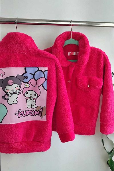 Urz Kids Pink Girl's Kuromi Themed Plush Coat Girl's Plush Cardigan