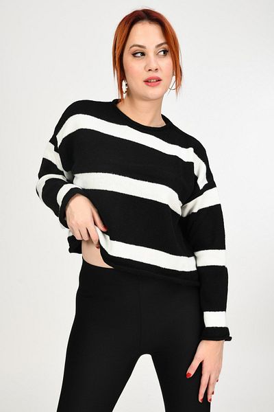 Miss Poem Pulover cu dungi cu gât crew - negru
