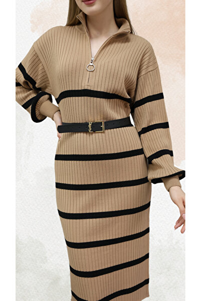 VEGENZE Γυναικείο πλεκτό φόρεμα Camel μαύρο ριγέ με φερμουάρ Half Fisherman