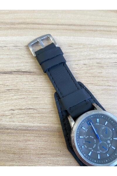 Prizma 20mm Düz Siyah Alttan Derili El Yapımı Siyah Deri Saat Kordonu. Gerçek Deri