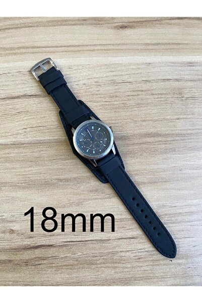 Prizma 18mm Düz Siyah Alttan Derili El Yapımı Siyah Deri Saat Kordonu. Gerçek...