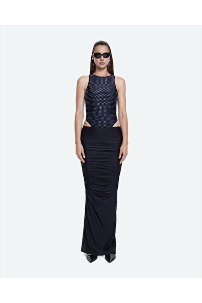 Khela The Label Absolute Ten Skirt Kadın Siyah Drapeli Streç Uzun Etek