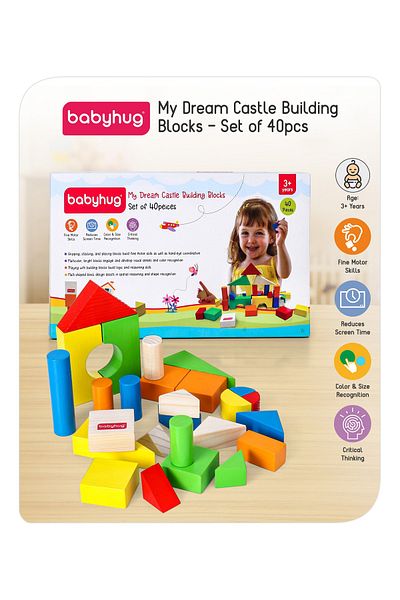 Babyhug مجموعة مكعبات بناء قلعة أحلامي من Babyhug للأعمار من 3 سنوات فما فوق، 40 قطعة خشبية قابلة للتكديس