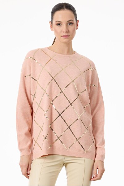 Tığ Triko Payetli Baklava Desenli Triko Bluz PEMBE