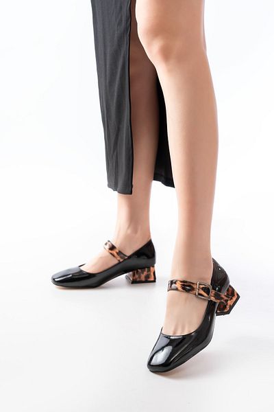 serkanseyyid ST-006 Pantofi zilnici cu toc de 4 cm din piele lacuita leopard neagra