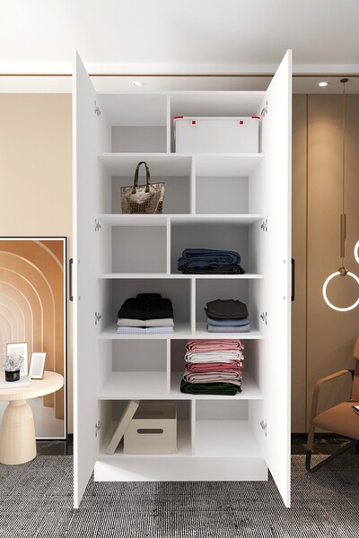 Mercie KAPAKLI 100 Cm'lik Asimetrik Raflı 12 Bölmeli Giyinme Dolap-beyaz