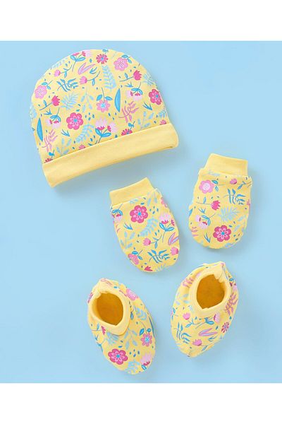 Babyhug Cotton Floral Print Cap Mittens & Booties Set - Yellow