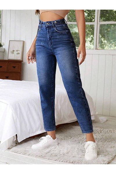 SHEVEGA PANTALONI MOM JEANS MOM JEANS CU CURTĂ DE TALIE ÎNALTĂ BRODATĂ ALBASTRU ÎNCHIS