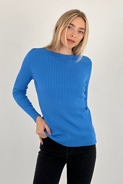 Miss Poem Women's Crew Neck Long Sleeve Winter Blue Knitwear Sweater