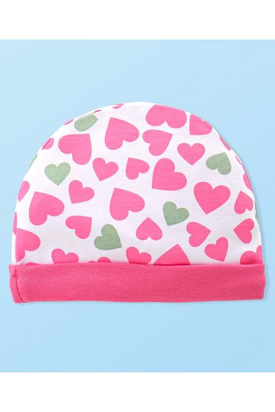 Babyhug 100% Cotton Knitted Cap Mittens & Booties with Heart Print- Pink