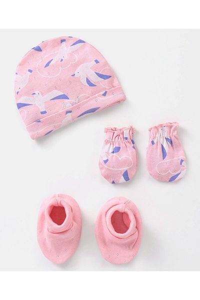 Bonfino 100% Cotton Cap & Mittens With Booties Bird Print Pink - Diameter 12.5 cm