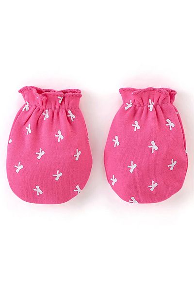 Babyhug 100% Cotton Knit Bow Print Mittens & Booties - Pink