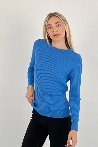 Miss Poem Women's Crew Neck Long Sleeve Winter Blue Knitwear Sweater