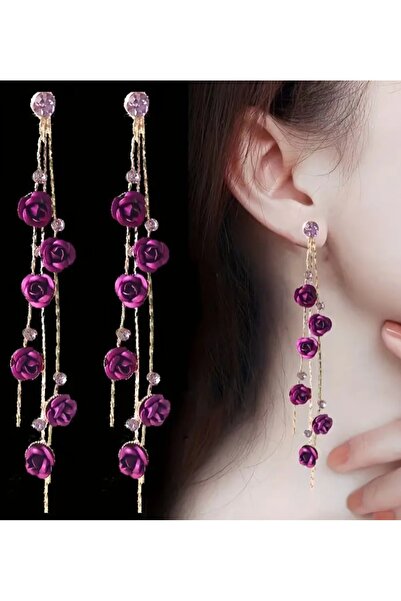 ER TAKI Taşlı Gold Renkli Mor Gül Detaylı Uzun Sallantılı Şık Püskül Nişan Kına Düğün Abiye Küpe