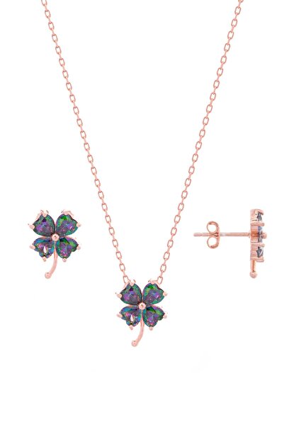 begüm silver KUVARS TAŞLI YONCALI 925 AYAR GÜMÜŞ ROSE KÜPE-KOLYE TAKIM