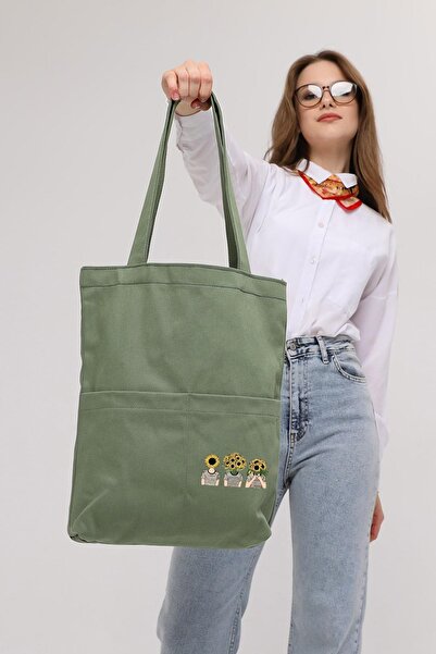 Çınar Bez Çanta 3 Cepli Ayçiçekli Kafalar Baskılı Mint Yeşili Gabardin Çanta