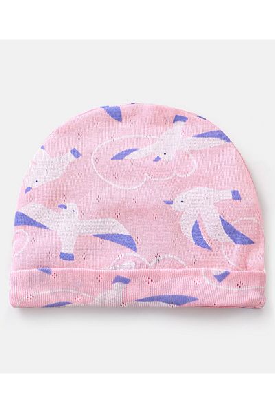 Bonfino 100% Cotton Cap & Mittens With Booties Bird Print Pink - Diameter 12.5 cm