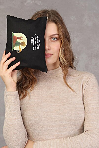 Çınar Bez Çanta Clutch Little Prince Siyah Kanvas Makyaj Çantası