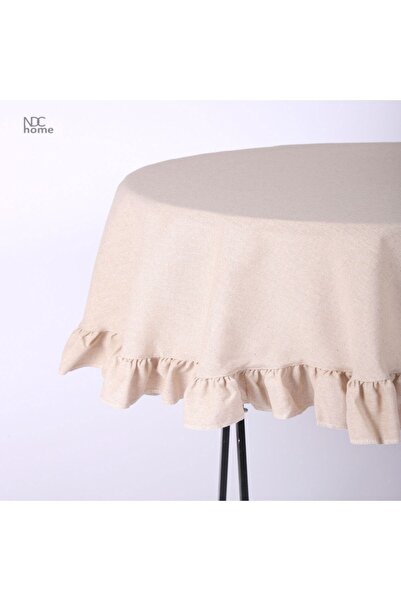 NDC HOME Beige Linen Round Ruffle Tablecloth
