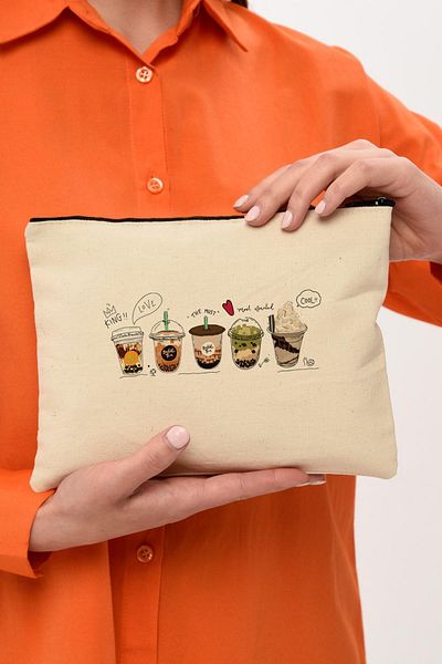 Çınar Bez Çanta Τσάντα μακιγιάζ με στάμπα κούπας καφέ Clutch |   (25Χ17)