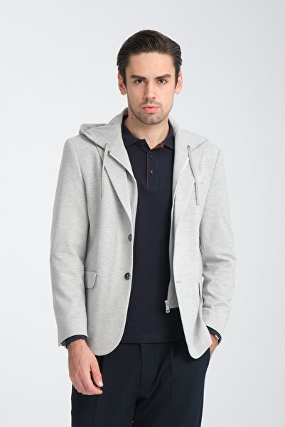 Frappoli Ανδρικό γκρι αποσπώμενο μπουφάν Marcio με κουκούλα με μισή επένδυση Slim Fit Mono Collar Sports Blazer