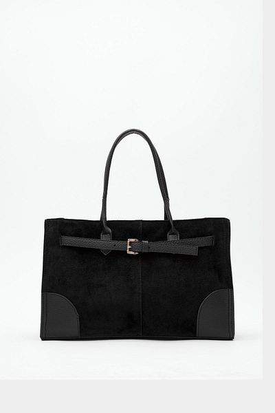 LEONAS Real Suede Leather Women's Hand and Shoulder Bag with Belt Accessory Howell Black