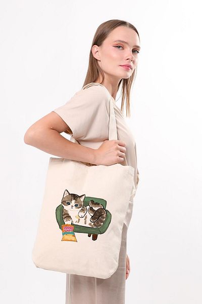 Çınar Bez Çanta Geantă din pânză Cips Eating Cat C1616
