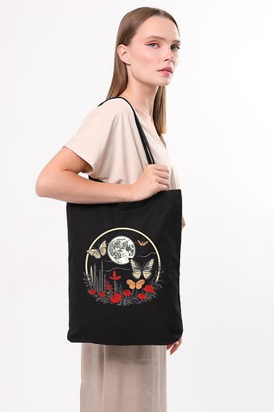 Çınar Bez Çanta Moon and Butterfly Printed Black Canvas Bag