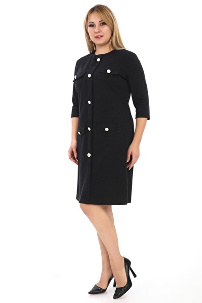 etselements Μαύρο βραδινό φόρεμα - Crew λαιμόκοψη και λεπτομέρεια με κουμπί 7070