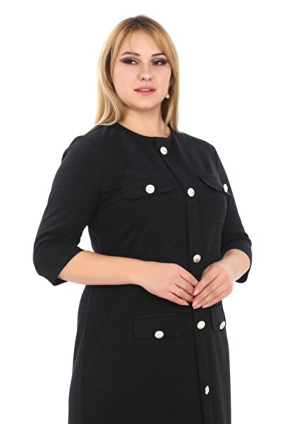 etselements Μαύρο βραδινό φόρεμα - Crew λαιμόκοψη και λεπτομέρεια με κουμπί 7070