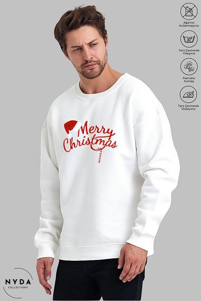 Nyda Collections Crăciun Fericit/Anul Nou Imprimat - Hanorac oversize unisex fără glugă