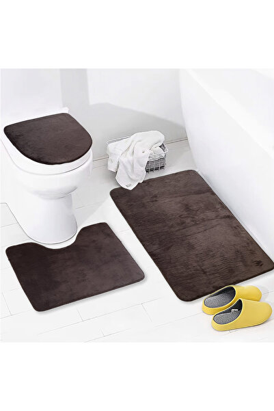 Bonny Home Unicolor Düz Kahve 3lü Banyo Paspası Halısı Seti Kaymaz Klozet Takımı
