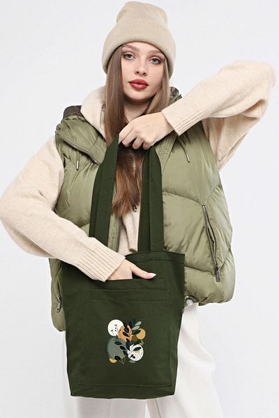 Çınar Bez Çanta Dark Green Gabardine Bag with 2 Pockets and Artistic Leaf Print
