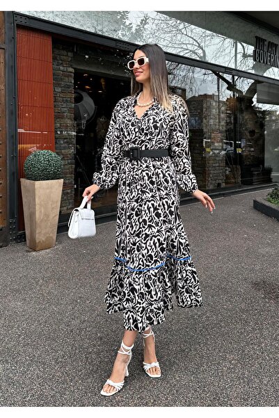 Angel Mia Μαύρο λινό φόρεμα με σχέδιο με λαιμόκοψη σε σχήμα V