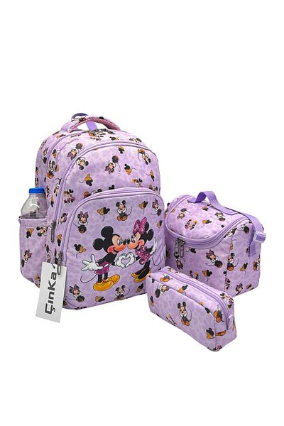 Çınka Bags Set de rucsac pentru școala primară cu model de caractere de culoare liliac cu nutriție din folie și suport pentru stilou