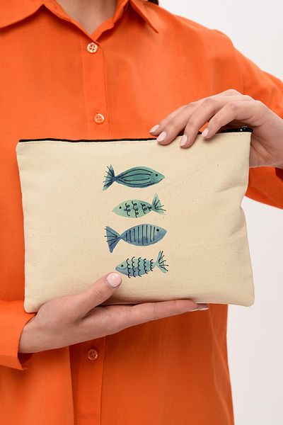 Çınar Bez Çanta Τσάντα μακιγιάζ Clutch Blue Fishes Canvas