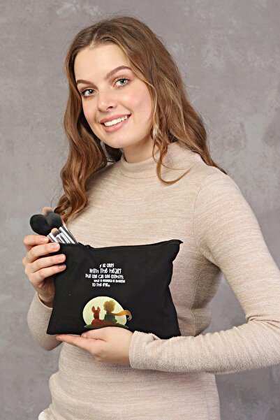 Çınar Bez Çanta Clutch Little Prince Siyah Kanvas Makyaj Çantası
