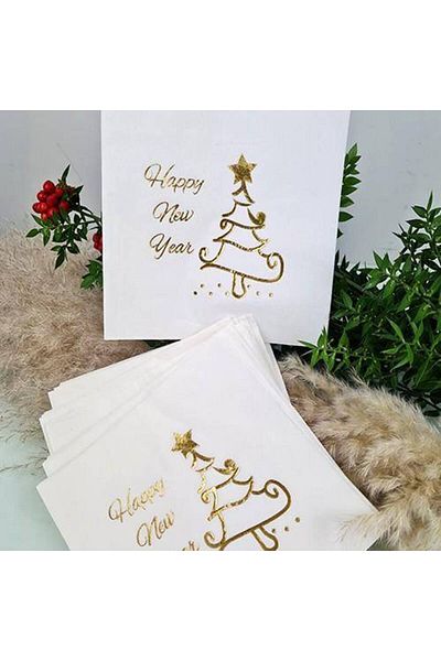 Parti Dükkanım Happy New Year Gold Leaf Napkin White 16 Pieces