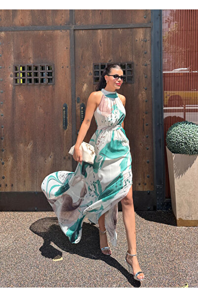 Angel Mia Rochie din șifon guler ridicat cu model verde