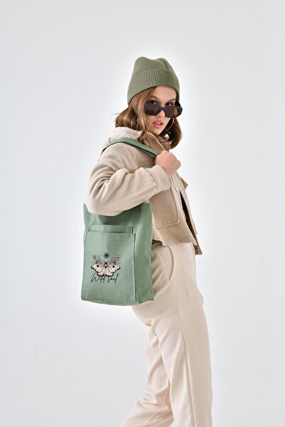 Çınar Bez Çanta 2 Cepli Wild Soul Baskılı Mint Yeşili Gabardin Çanta