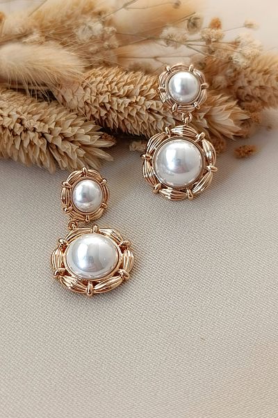 COSİTA Elegant and Fashionable Zircon Stone Gold Color Earrings with Pearl Detail Frame Pattern